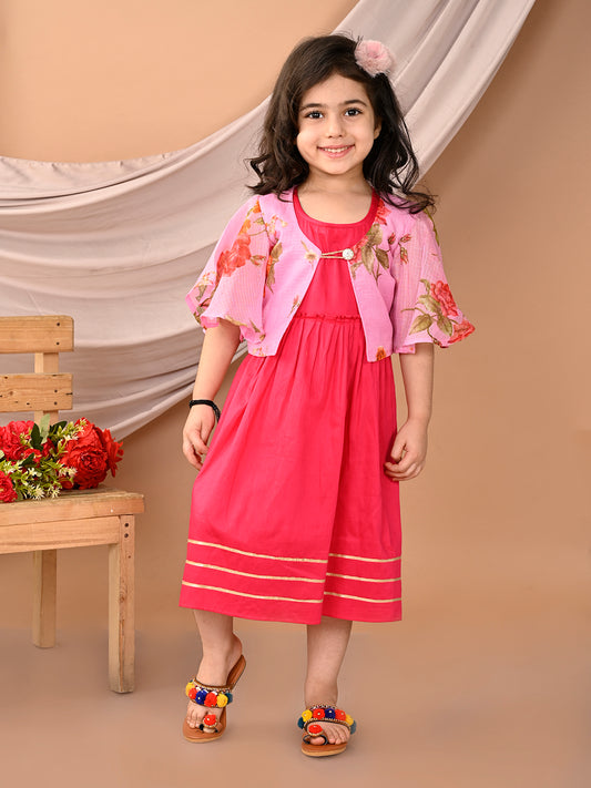 Pink sleeveless Dress with Pink floral bell sleeves jacket