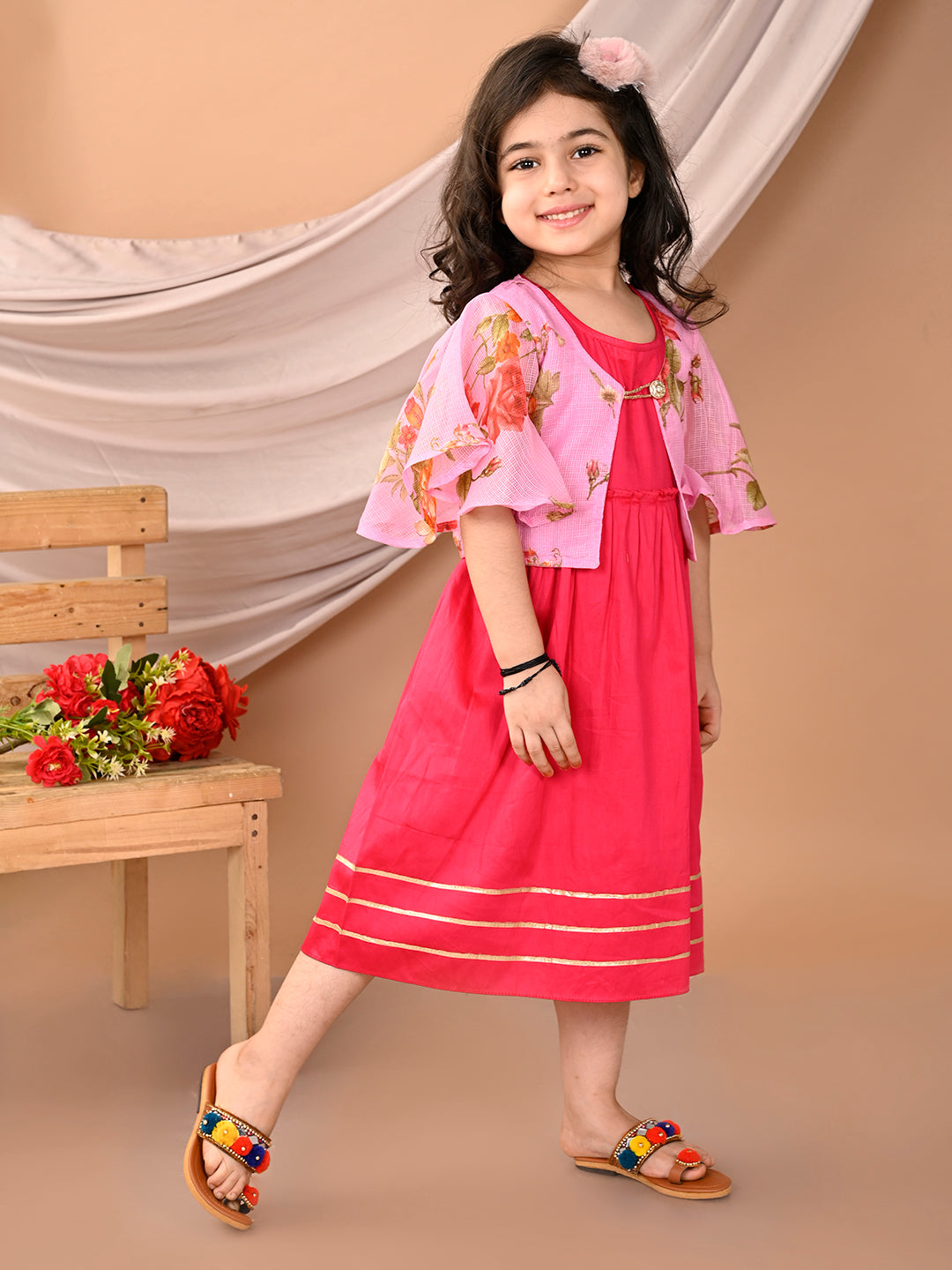 Pink sleeveless Dress with Pink floral bell sleeves jacket