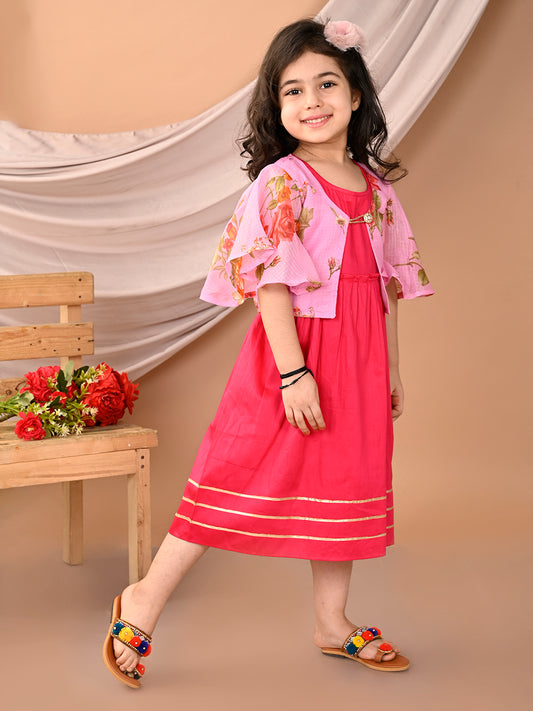 Pink sleeveless Dress with Pink floral bell sleeves jacket