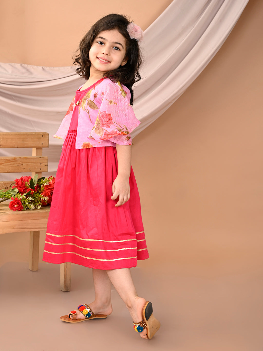 Pink sleeveless Dress with Pink floral bell sleeves jacket