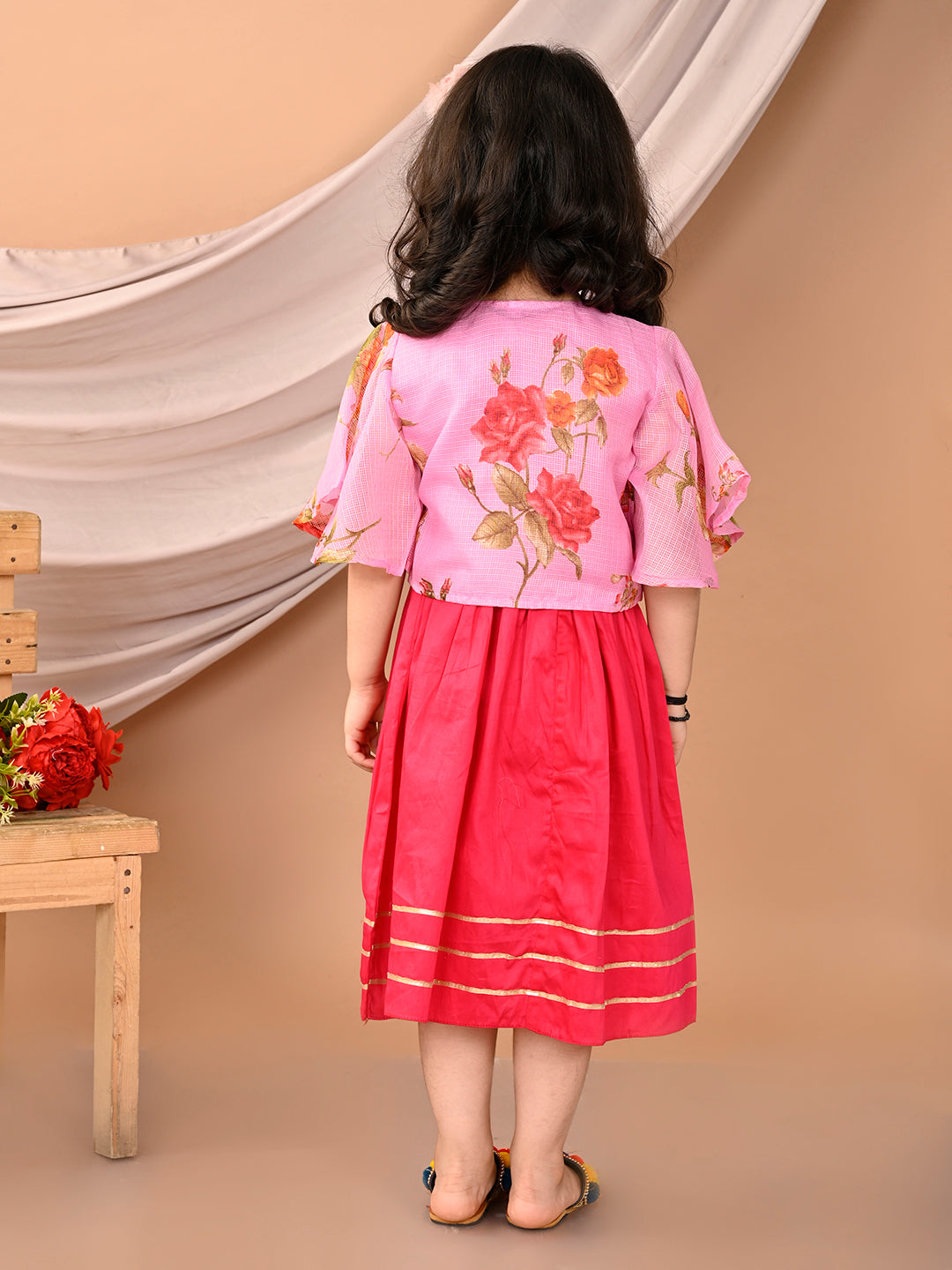 Pink sleeveless Dress with Pink floral bell sleeves jacket