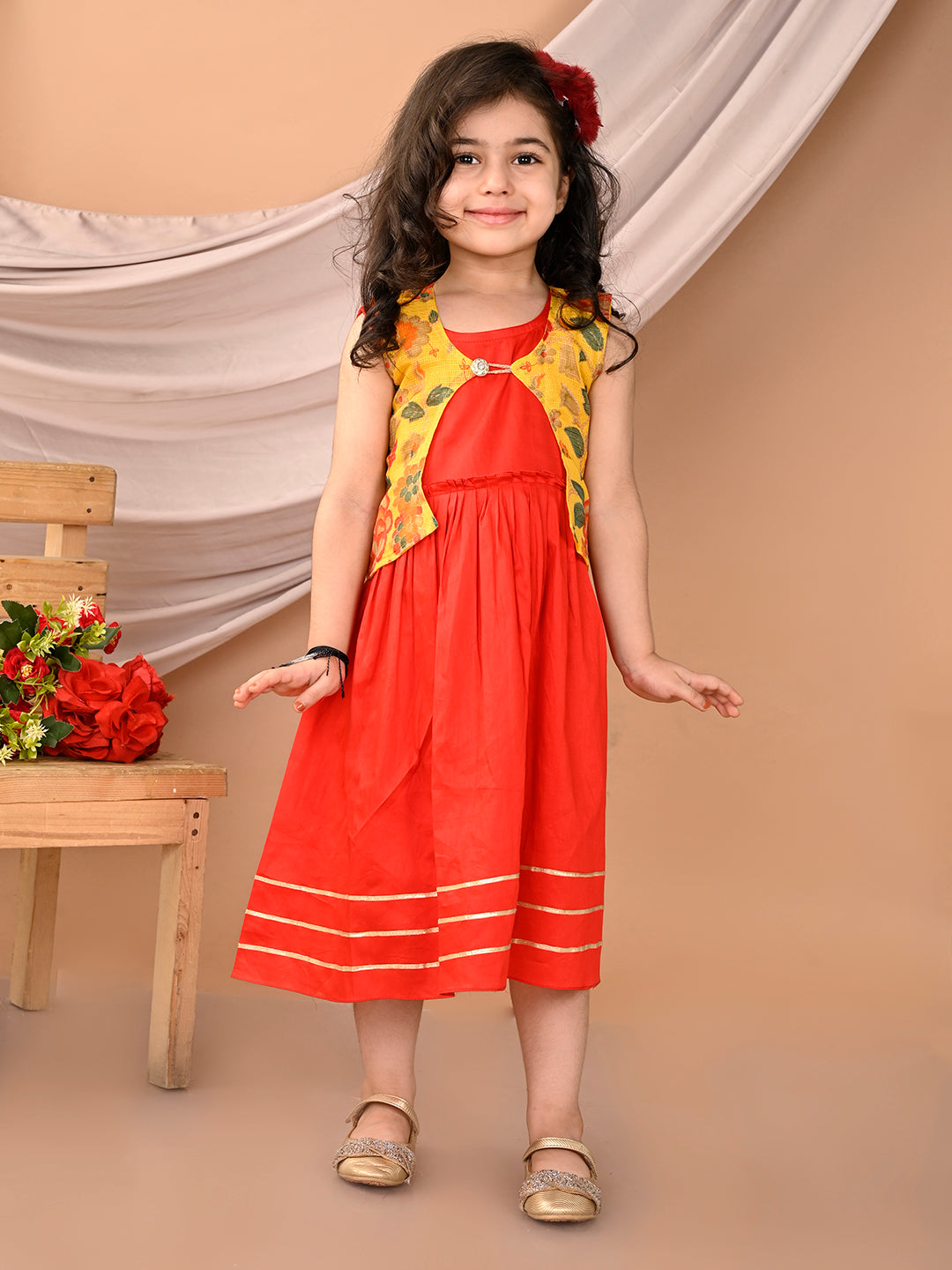 Red sleeveless Dress with Yellow floral sleevelss jacket