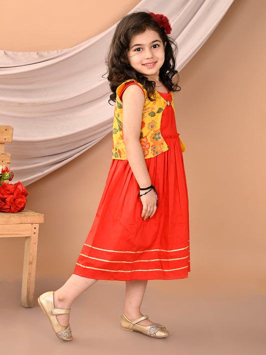 Red sleeveless Dress with Yellow floral sleevelss jacket