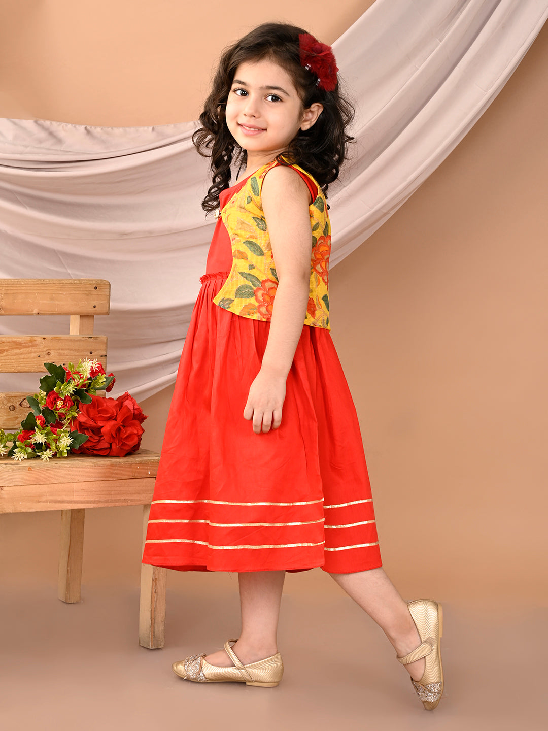 Red sleeveless Dress with Yellow floral sleevelss jacket