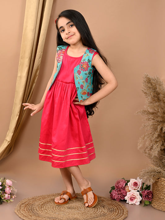 Pink sleeveless Dress with blue sleevesless kota jacket