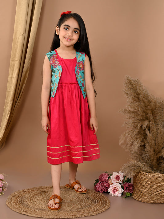 Pink sleeveless Dress with blue sleevesless kota jacket