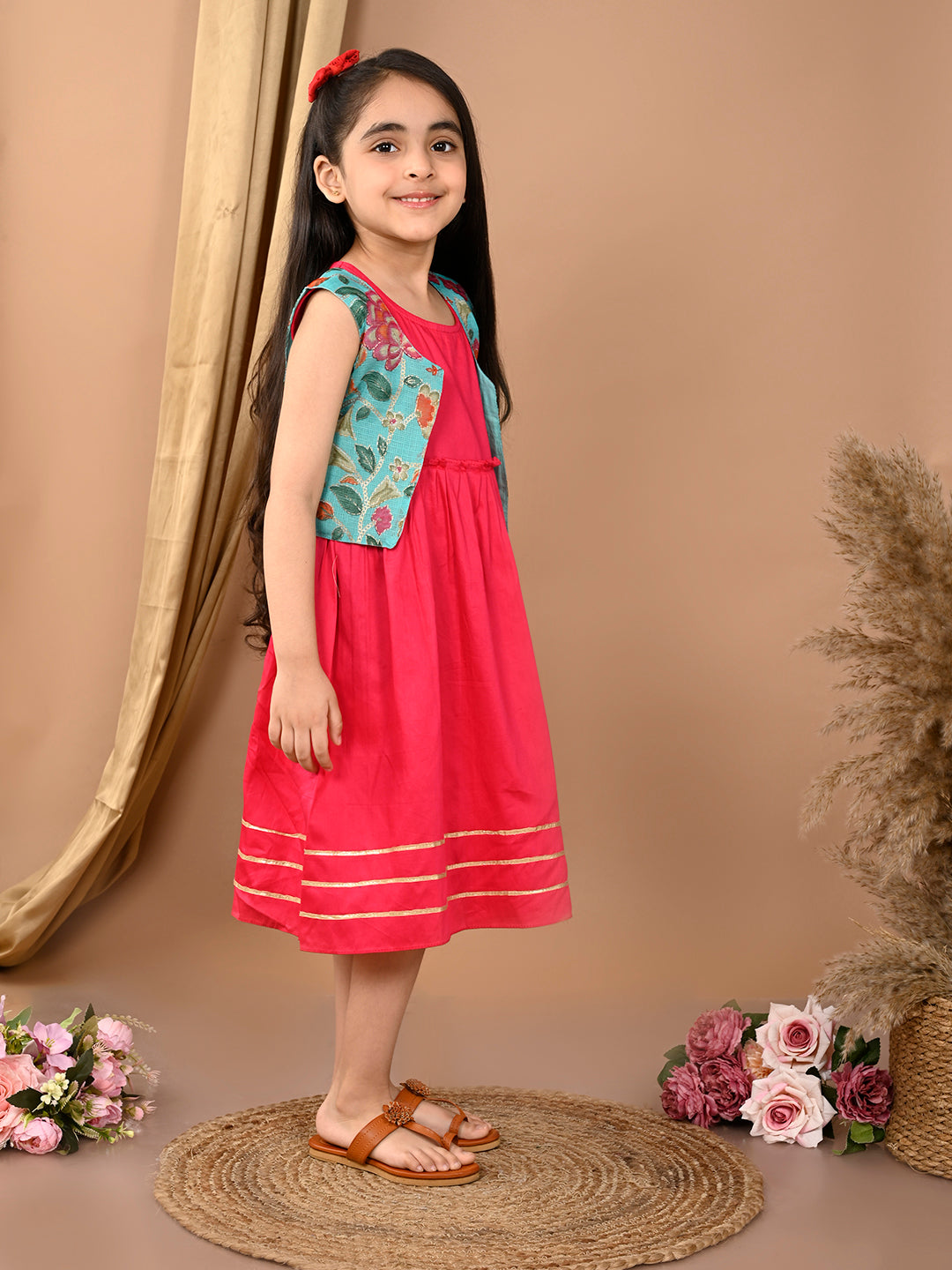 Pink sleeveless Dress with blue sleevesless kota jacket