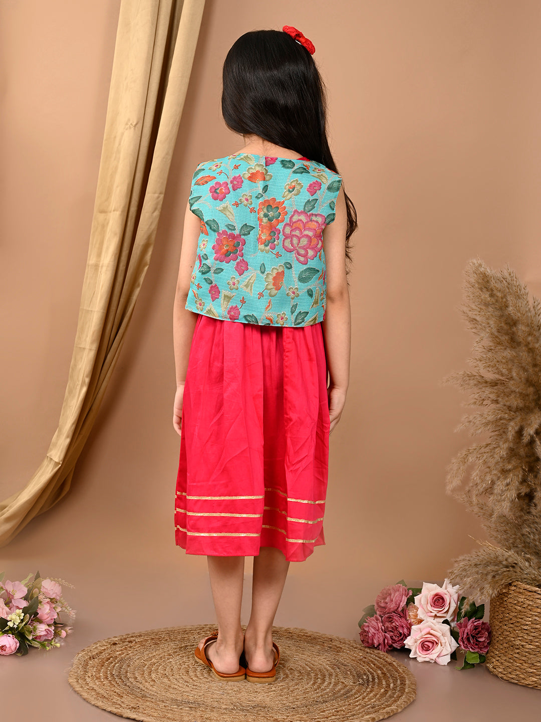Pink sleeveless Dress with blue sleevesless kota jacket