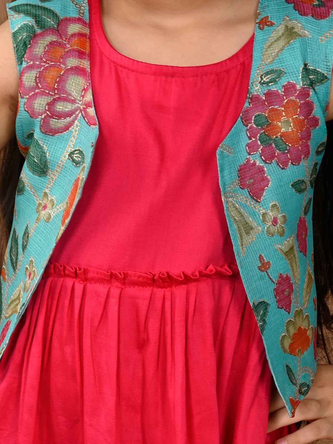 Pink sleeveless Dress with blue sleevesless kota jacket