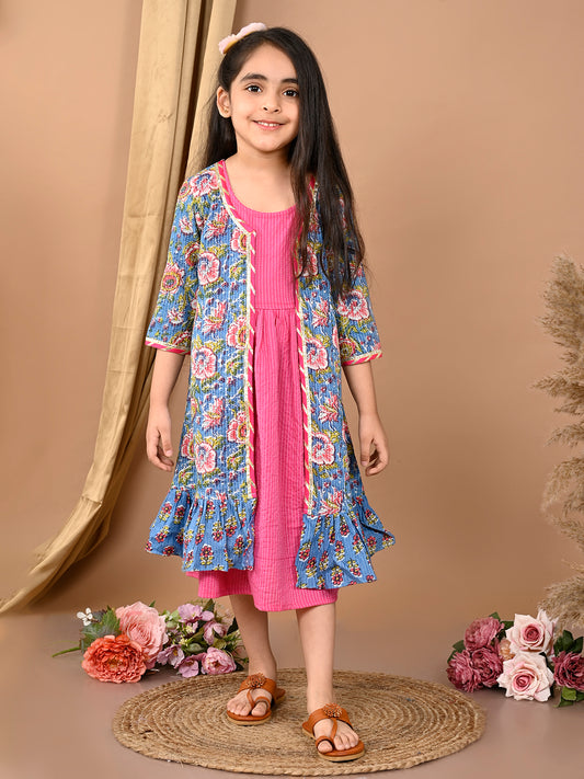 Pink katha sleeveless Dress with blue printed 3/4 sleeves long jacket