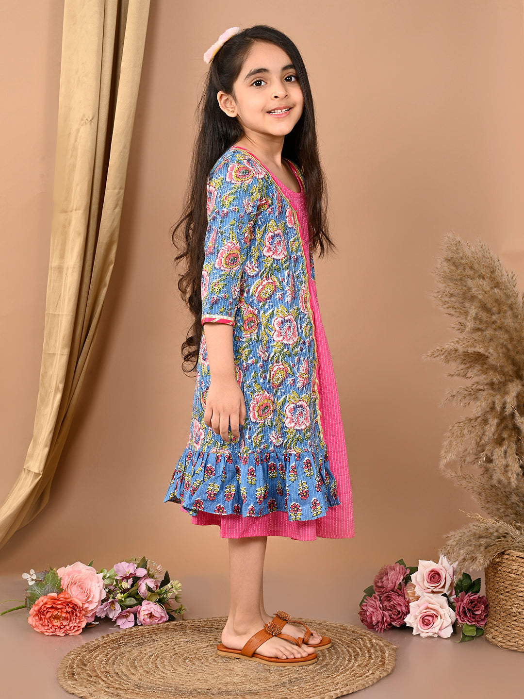 Pink katha sleeveless Dress with blue printed 3/4 sleeves long jacket