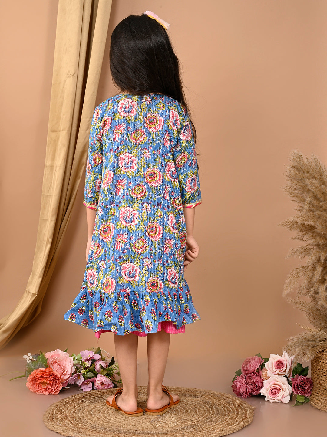 Pink katha sleeveless Dress with blue printed 3/4 sleeves long jacket