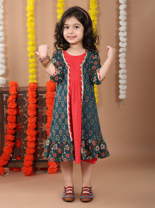 Red katha sleeveless Dress with blue printed 3/4 sleeves long jacket