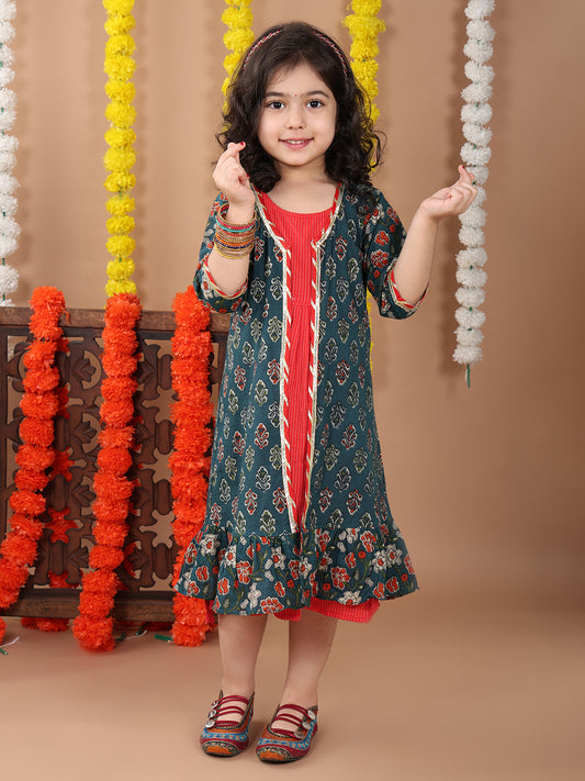 Red katha sleeveless Dress with blue printed 3/4 sleeves long jacket