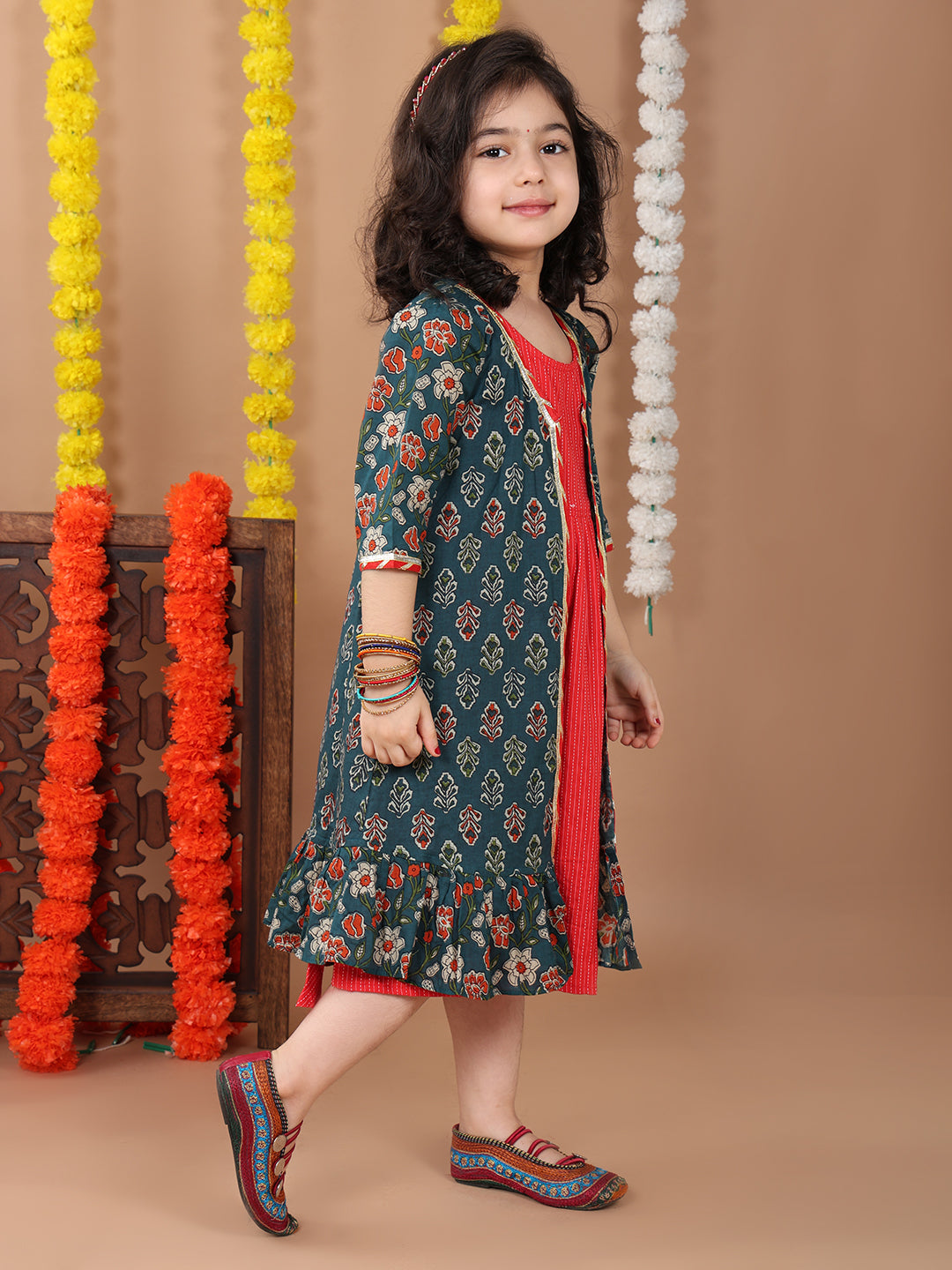 Red katha sleeveless Dress with blue printed 3/4 sleeves long jacket