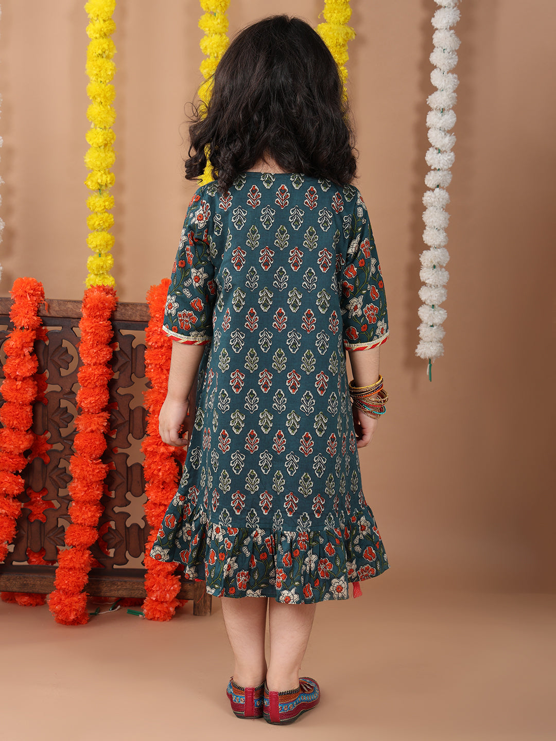 Red katha sleeveless Dress with blue printed 3/4 sleeves long jacket