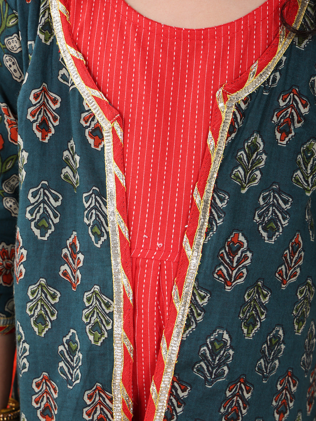 Red katha sleeveless Dress with blue printed 3/4 sleeves long jacket