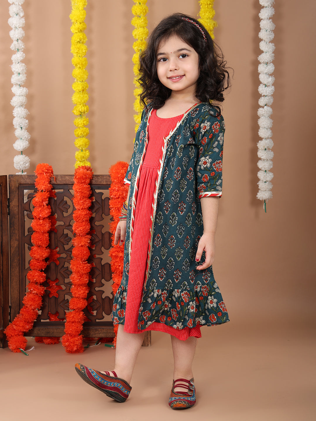 Red katha sleeveless Dress with blue printed 3/4 sleeves long jacket