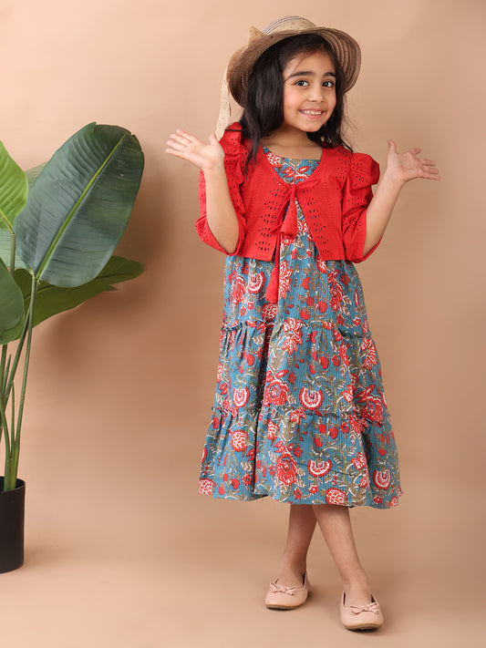 Blue Printed sleeveless Katha Dress with red hakoba jacket