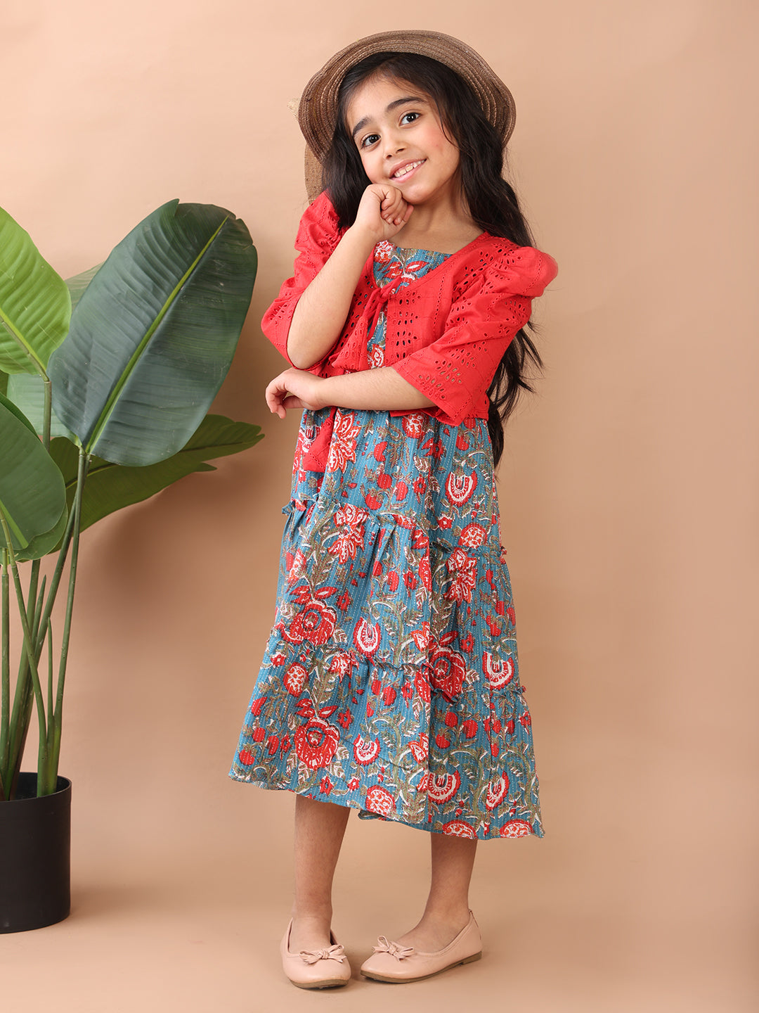 Blue Printed sleeveless Katha Dress with red hakoba jacket