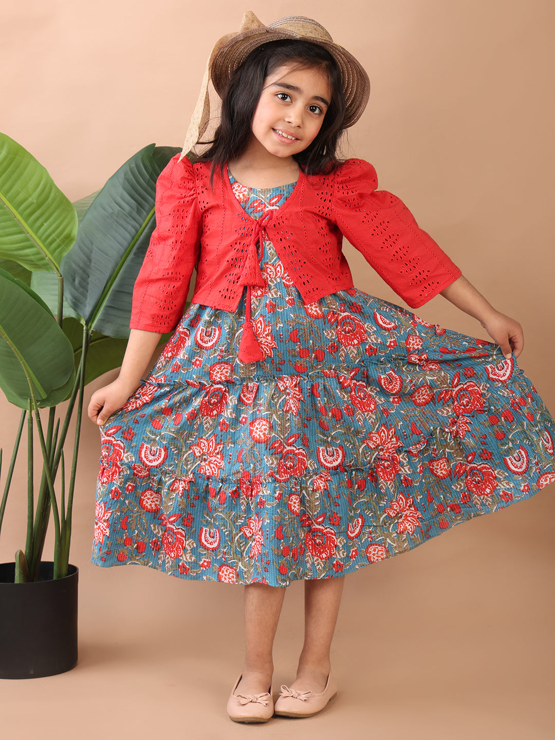 Blue Printed sleeveless Katha Dress with red hakoba jacket