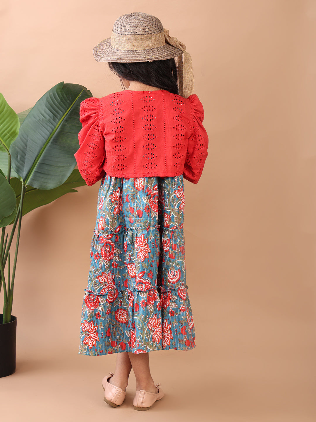 Blue Printed sleeveless Katha Dress with red hakoba jacket