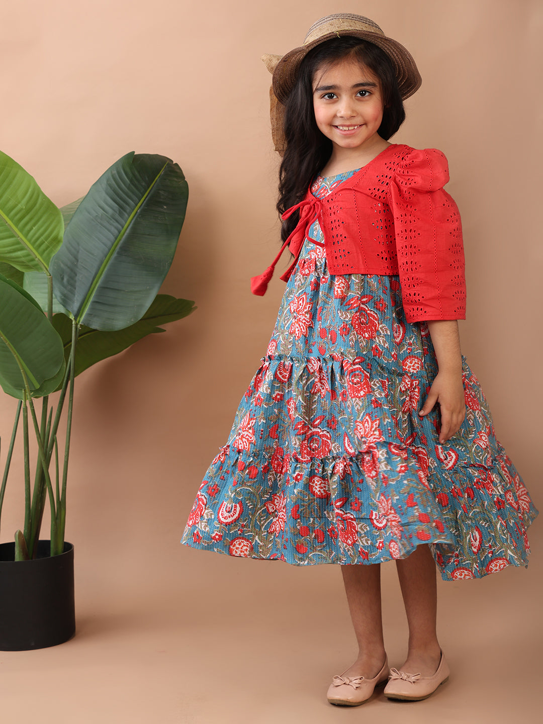 Blue Printed sleeveless Katha Dress with red hakoba jacket