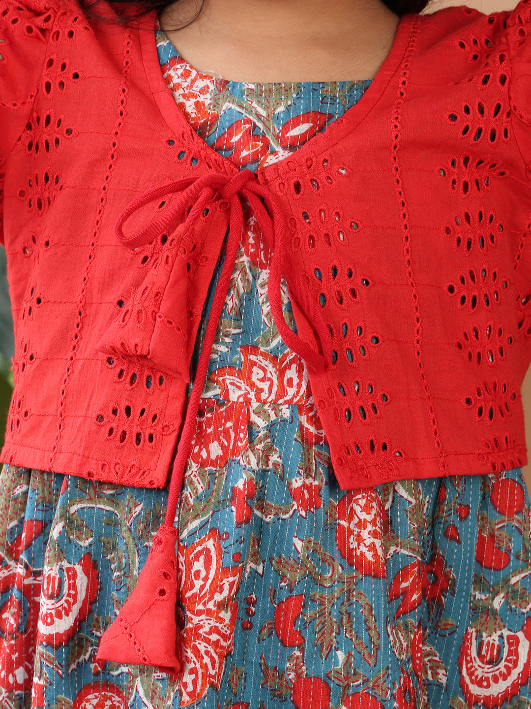 Blue Printed sleeveless Katha Dress with red hakoba jacket