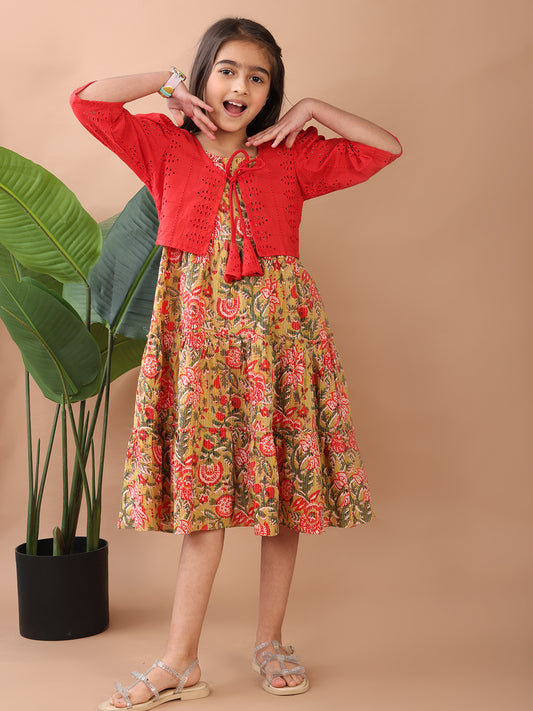 Green Printed sleeveless Katha Dress with red hakoba jacket