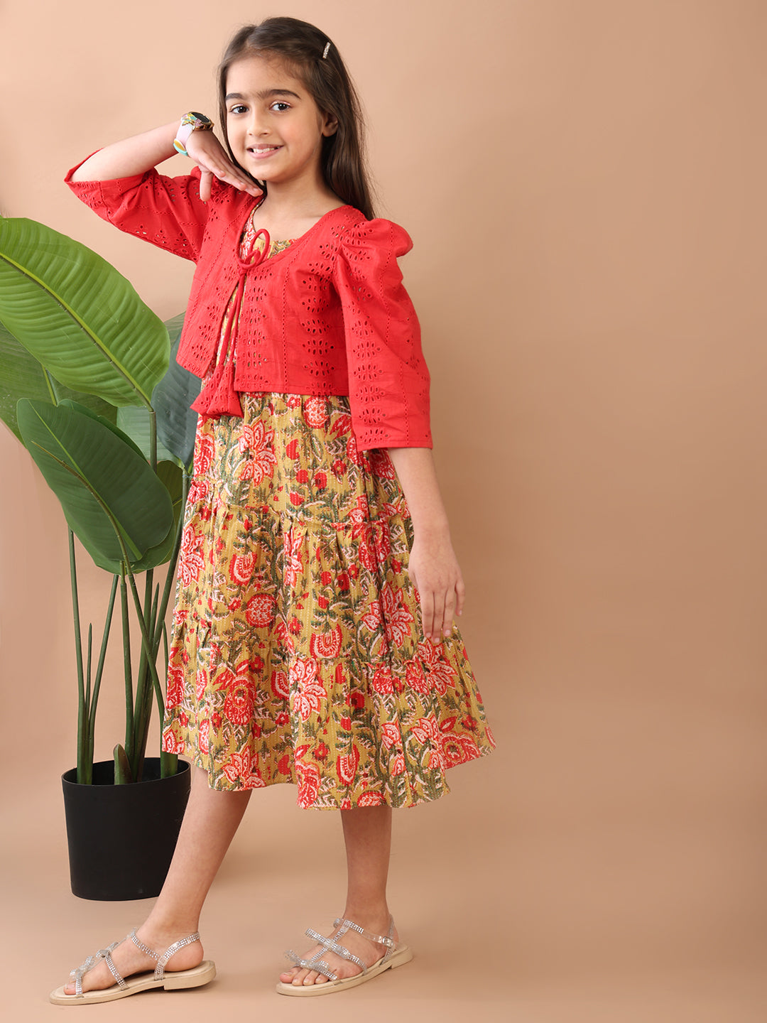Green Printed sleeveless Katha Dress with red hakoba jacket