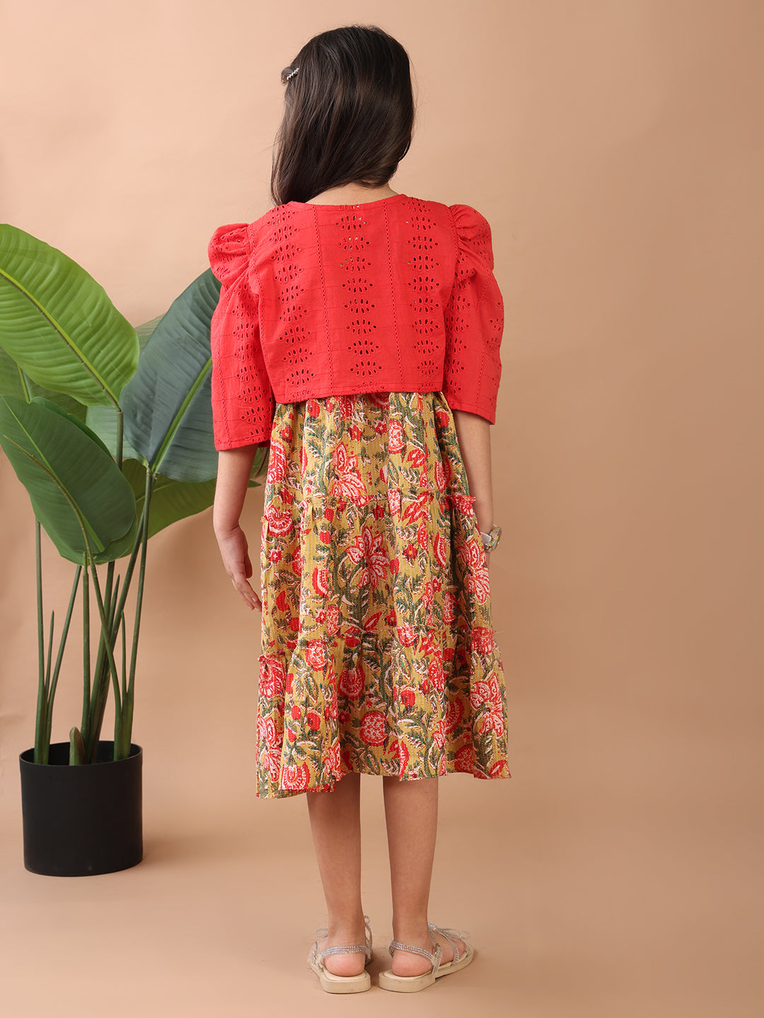 Green Printed sleeveless Katha Dress with red hakoba jacket
