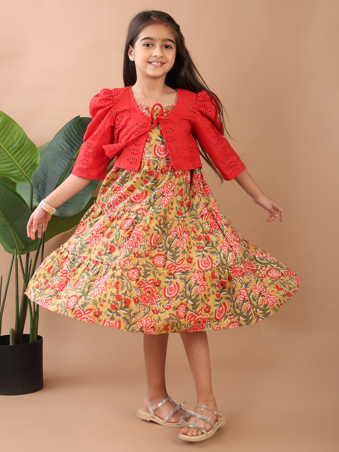 Green Printed sleeveless Katha Dress with red hakoba jacket