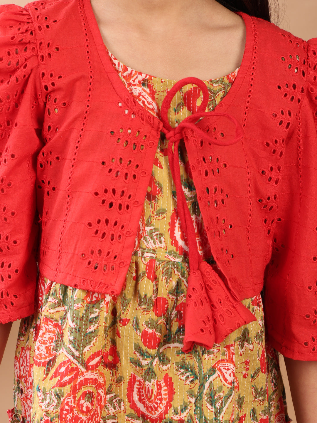 Green Printed sleeveless Katha Dress with red hakoba jacket