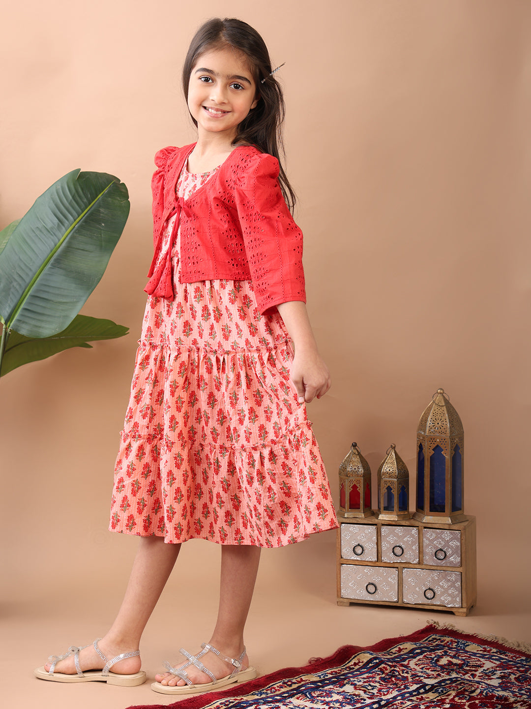 Peach Printed sleeveless Katha Dress with red hakoba jacket