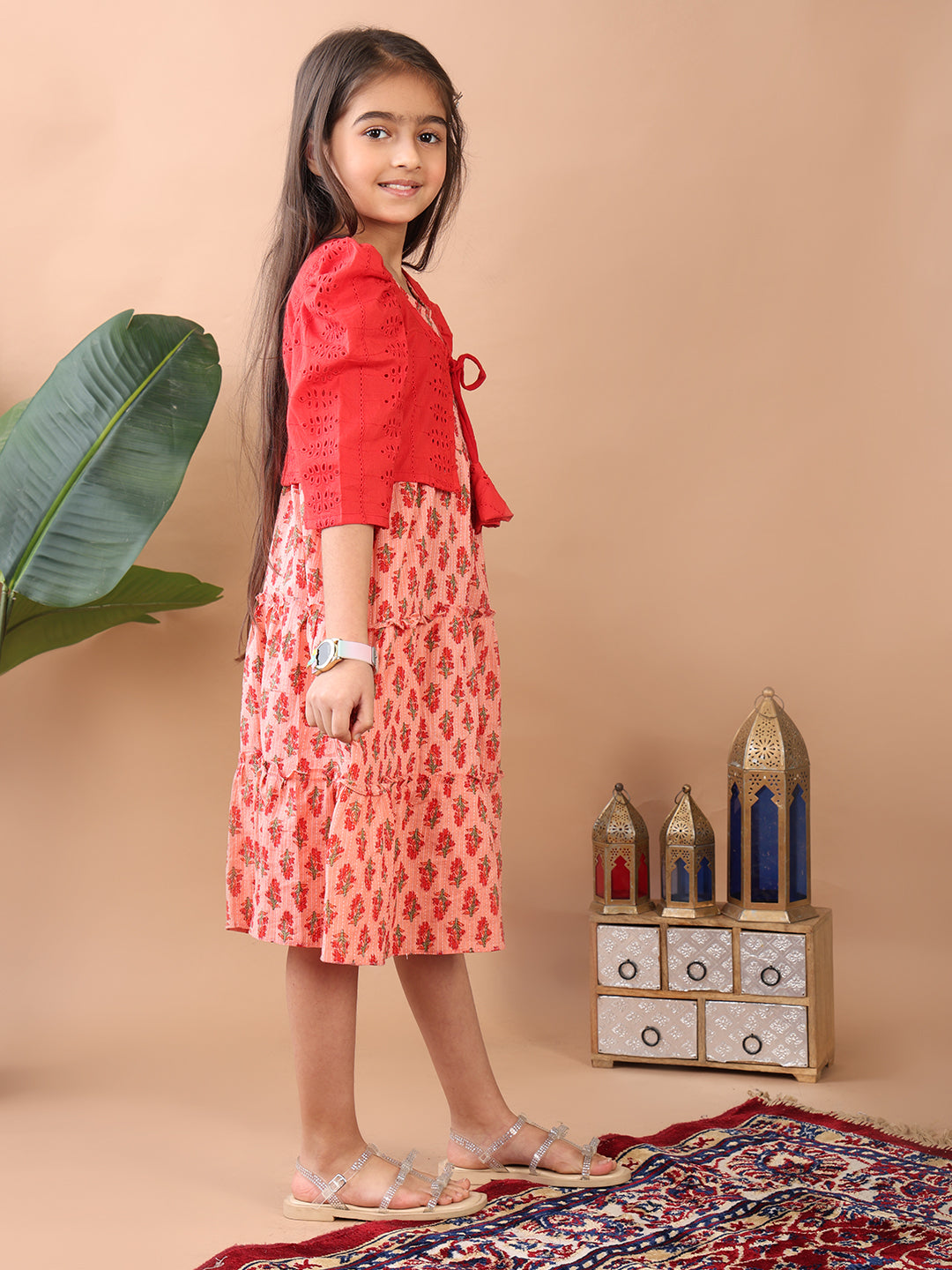 Peach Printed sleeveless Katha Dress with red hakoba jacket