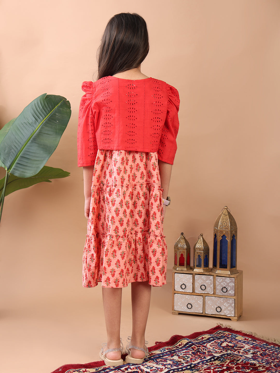 Peach Printed sleeveless Katha Dress with red hakoba jacket