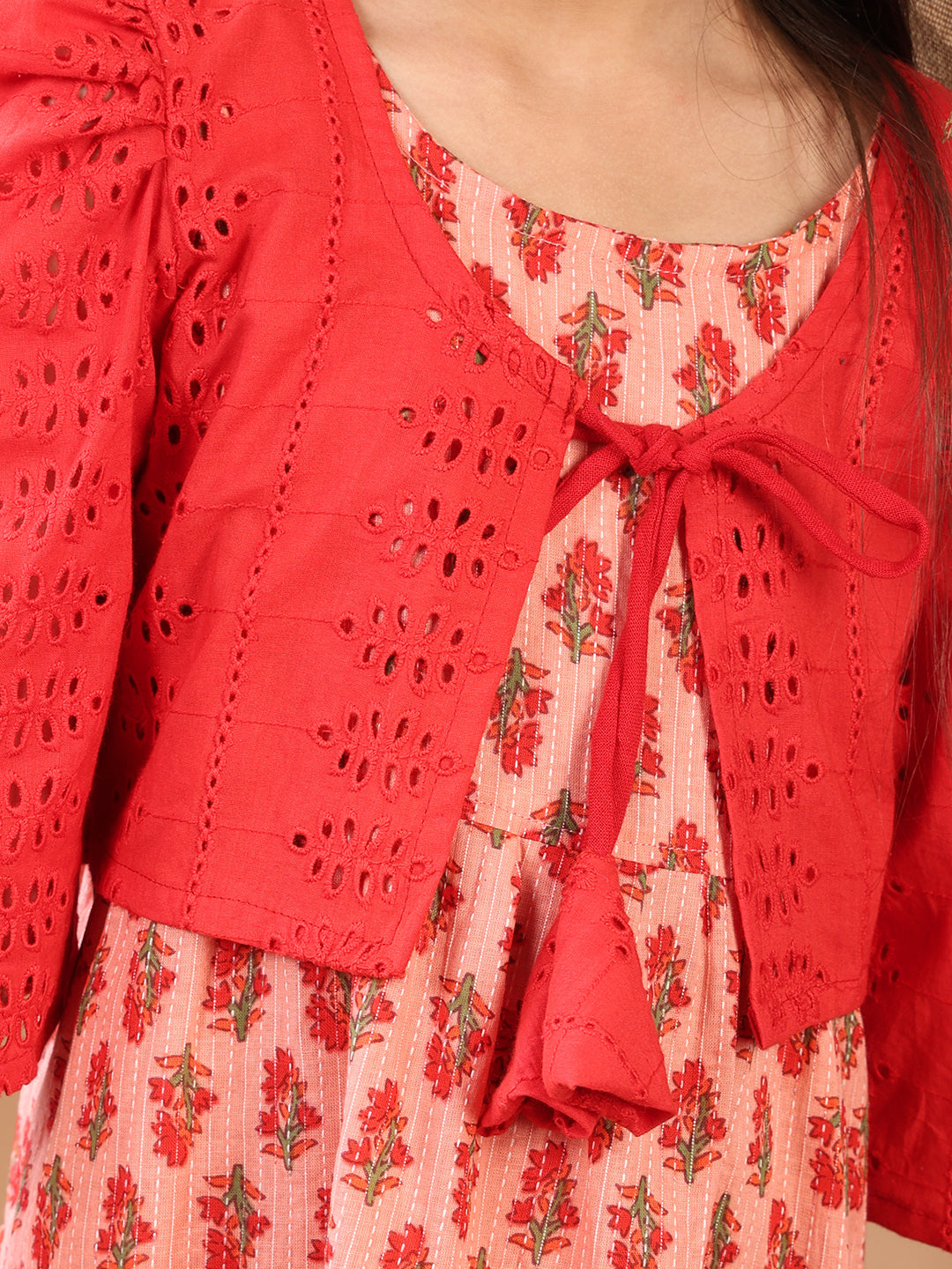 Peach Printed sleeveless Katha Dress with red hakoba jacket