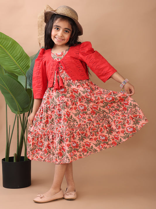 Peach Floral Printed sleeveless Katha Dress with red hakoba jacket