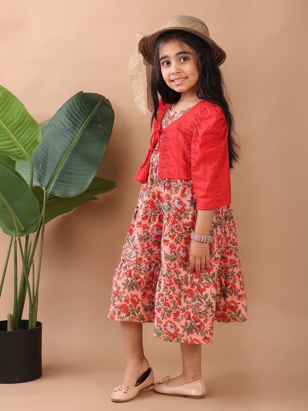Peach Floral Printed sleeveless Katha Dress with red hakoba jacket