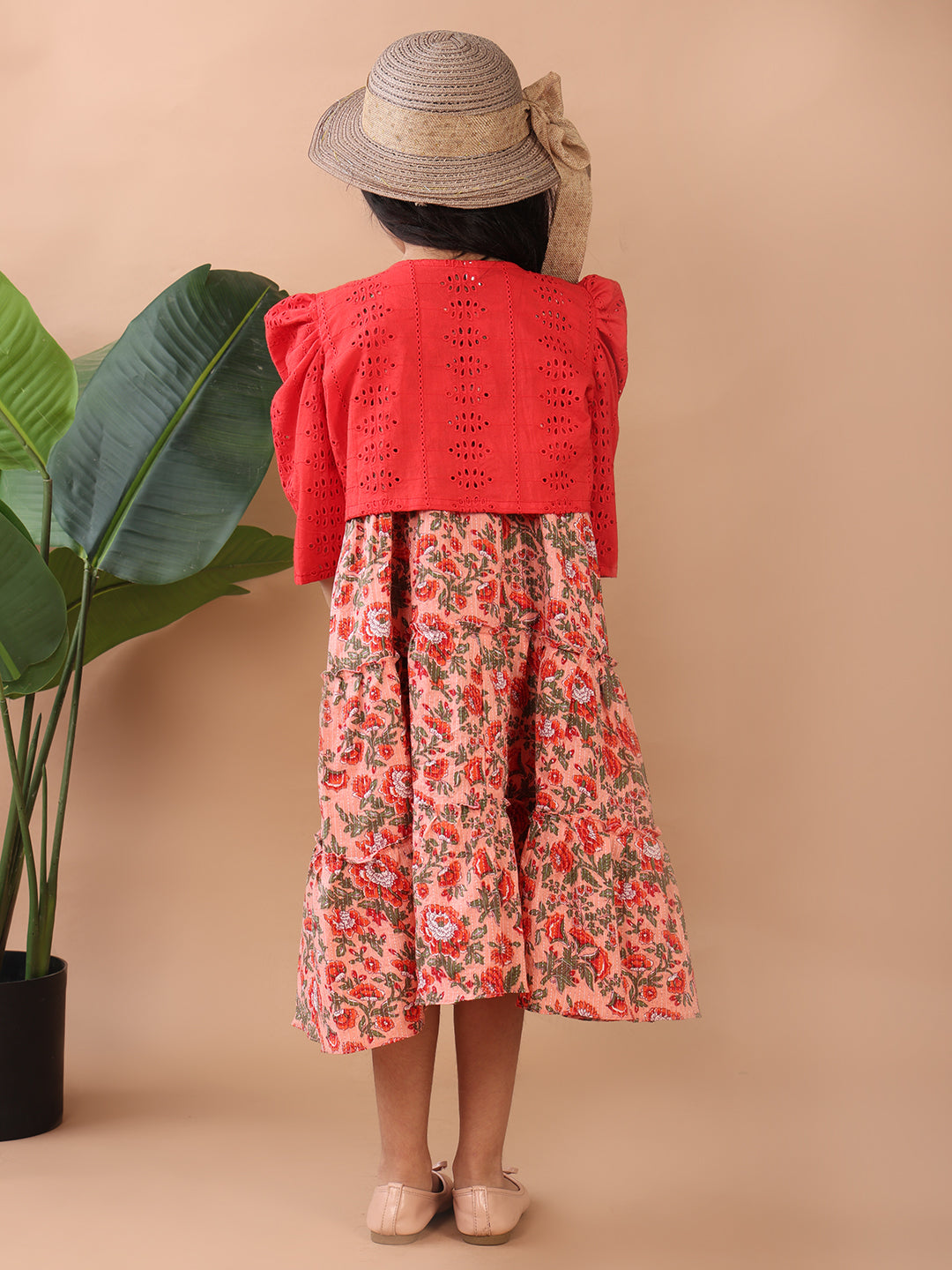 Peach Floral Printed sleeveless Katha Dress with red hakoba jacket