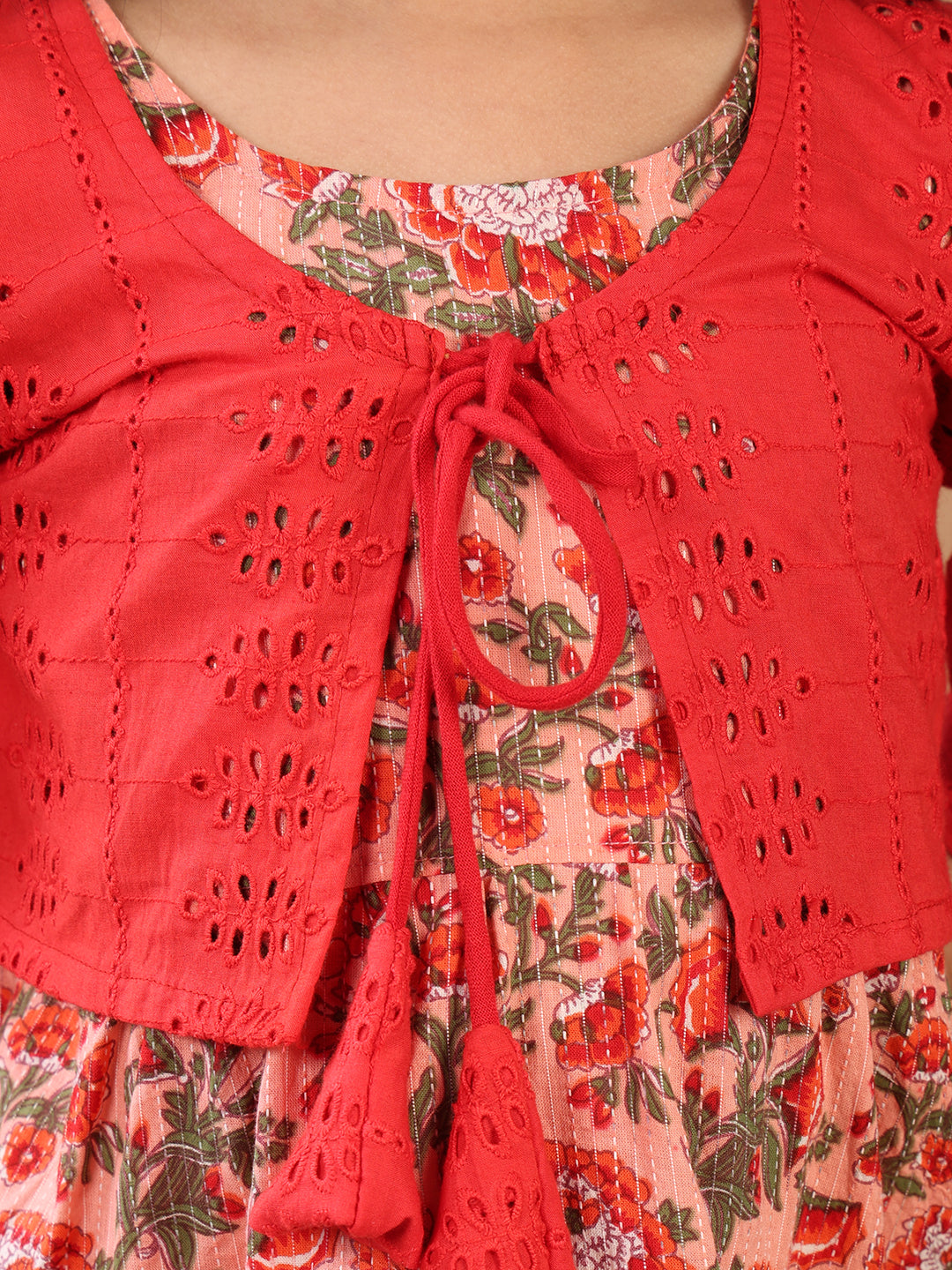 Peach Floral Printed sleeveless Katha Dress with red hakoba jacket