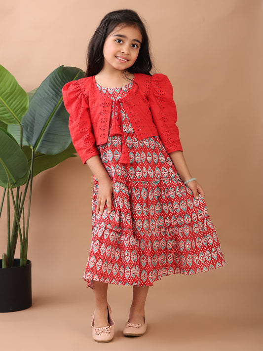 Red Printed sleeveless Katha Dress with red hakoba jacket