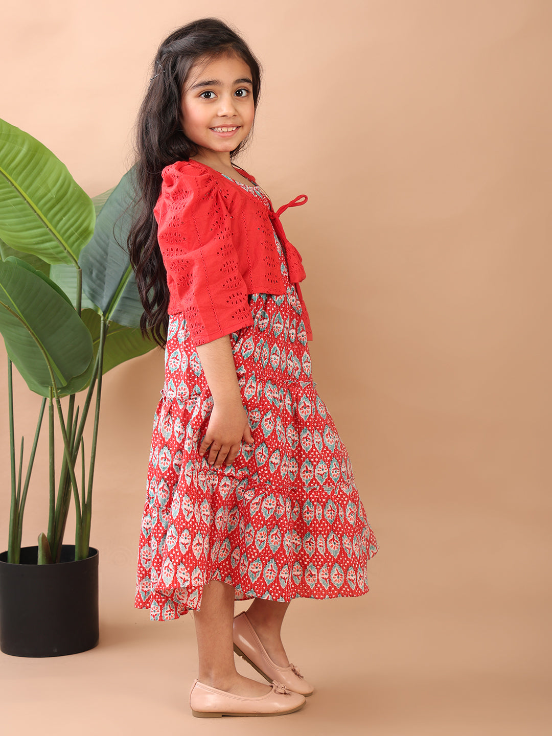 Red Printed sleeveless Katha Dress with red hakoba jacket