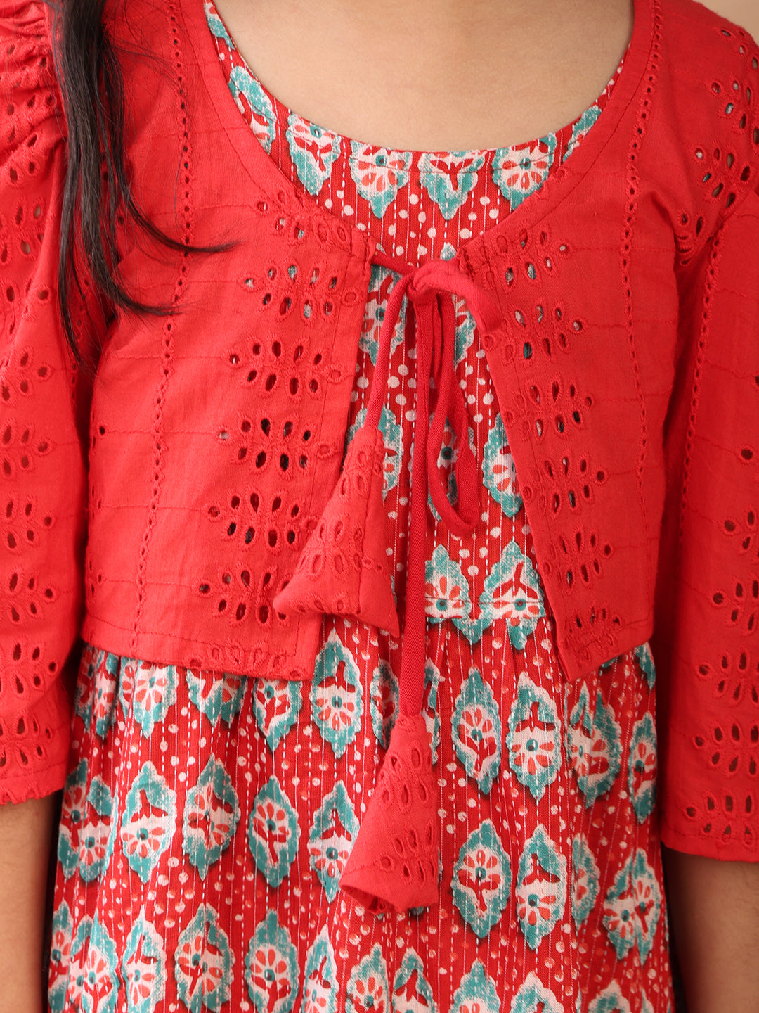 Red Printed sleeveless Katha Dress with red hakoba jacket