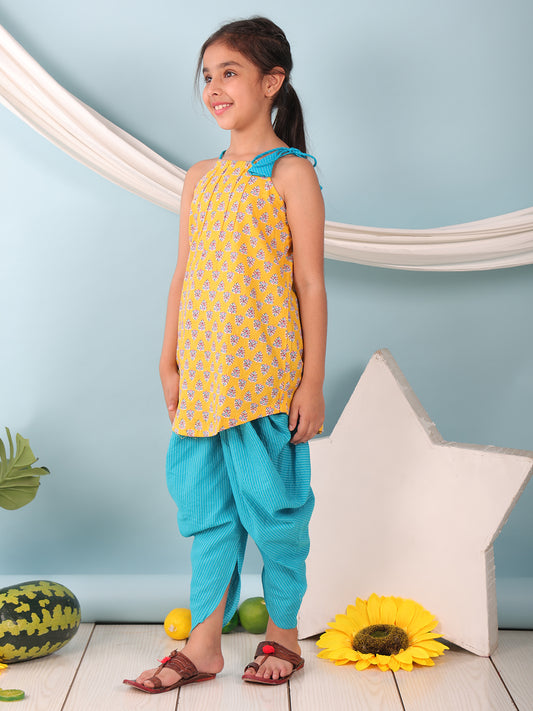Yellow floral sleeveless tie on Kurti with Blue Dhoti