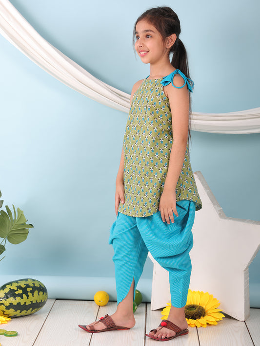 Green floral sleeveless tie on Kurti with Blue Dhoti