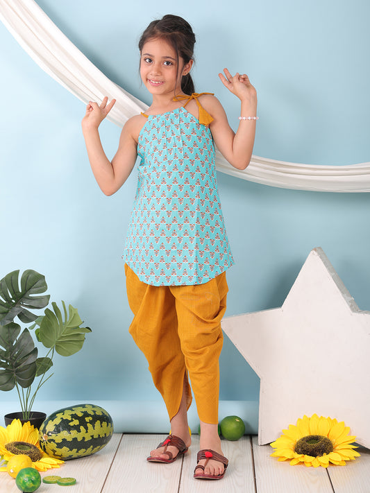 Blue floral sleeveless tie on Kurti with Yellow Dhoti