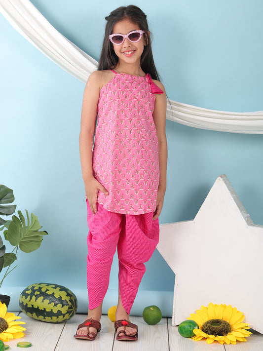 Pink floral sleeveless tie on Kurti with Pink Dhoti