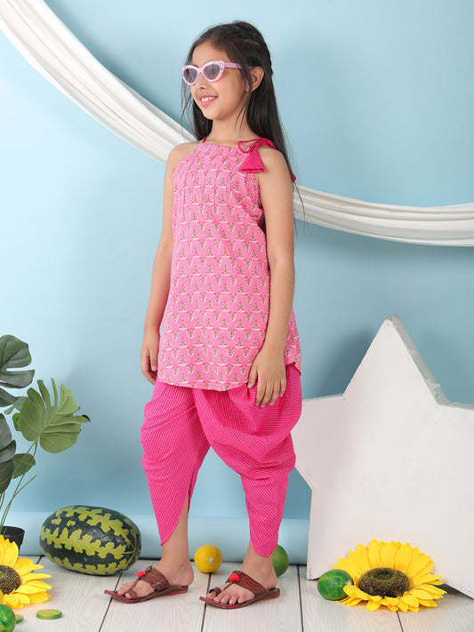 Pink floral sleeveless tie on Kurti with Pink Dhoti