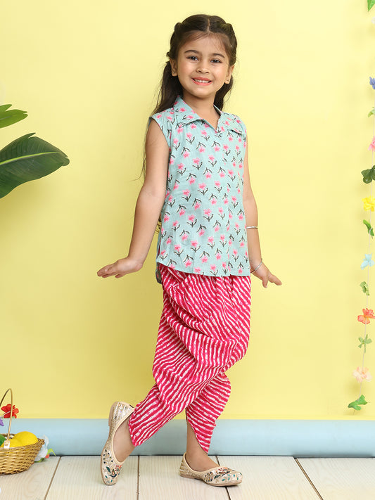 Green Floral Printed sleeveless Kurti paired with Pink lehriya Dhoti